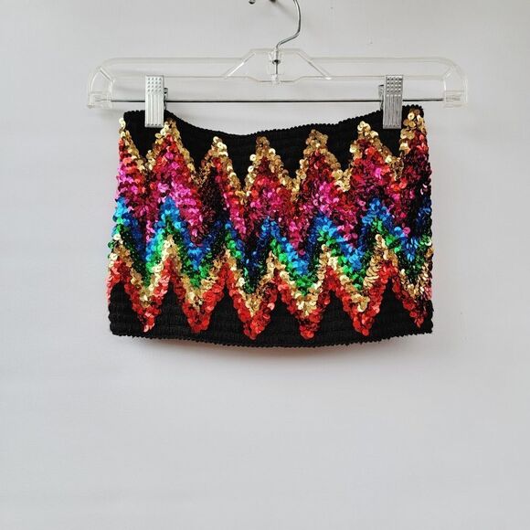 Topshop Womens Medium Black Boho Disco Retro Bright Sequin Smocked Tube Crop Top - Picture 4 of 10